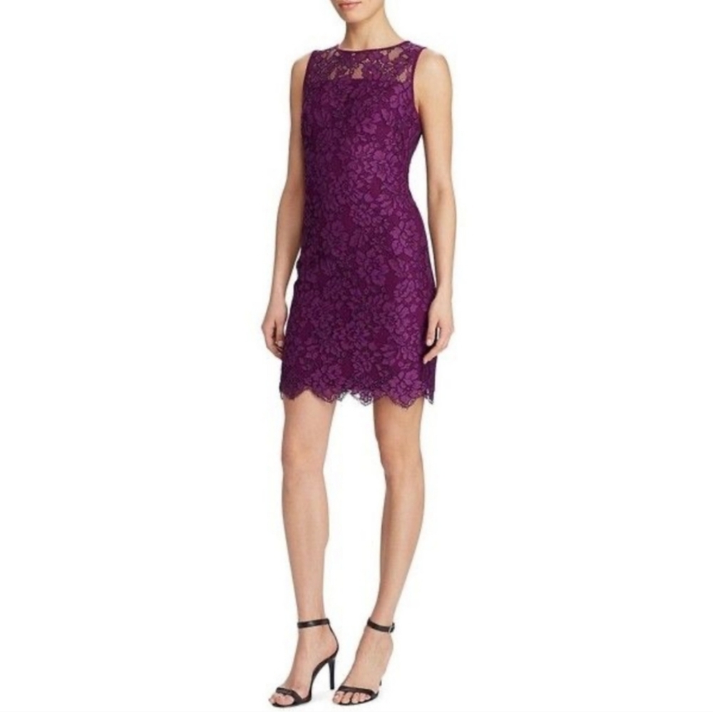 Lauren Ralph Lauren Scalloped Lace Dress in Plum Women's 4 Party Cocktail